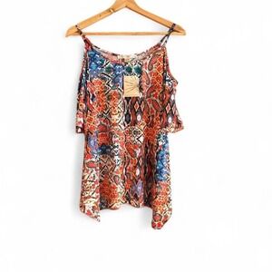 NWT Boston Proper Colorful Paisley Tunic Top Size XS Boho Hippie Cold Shoulder